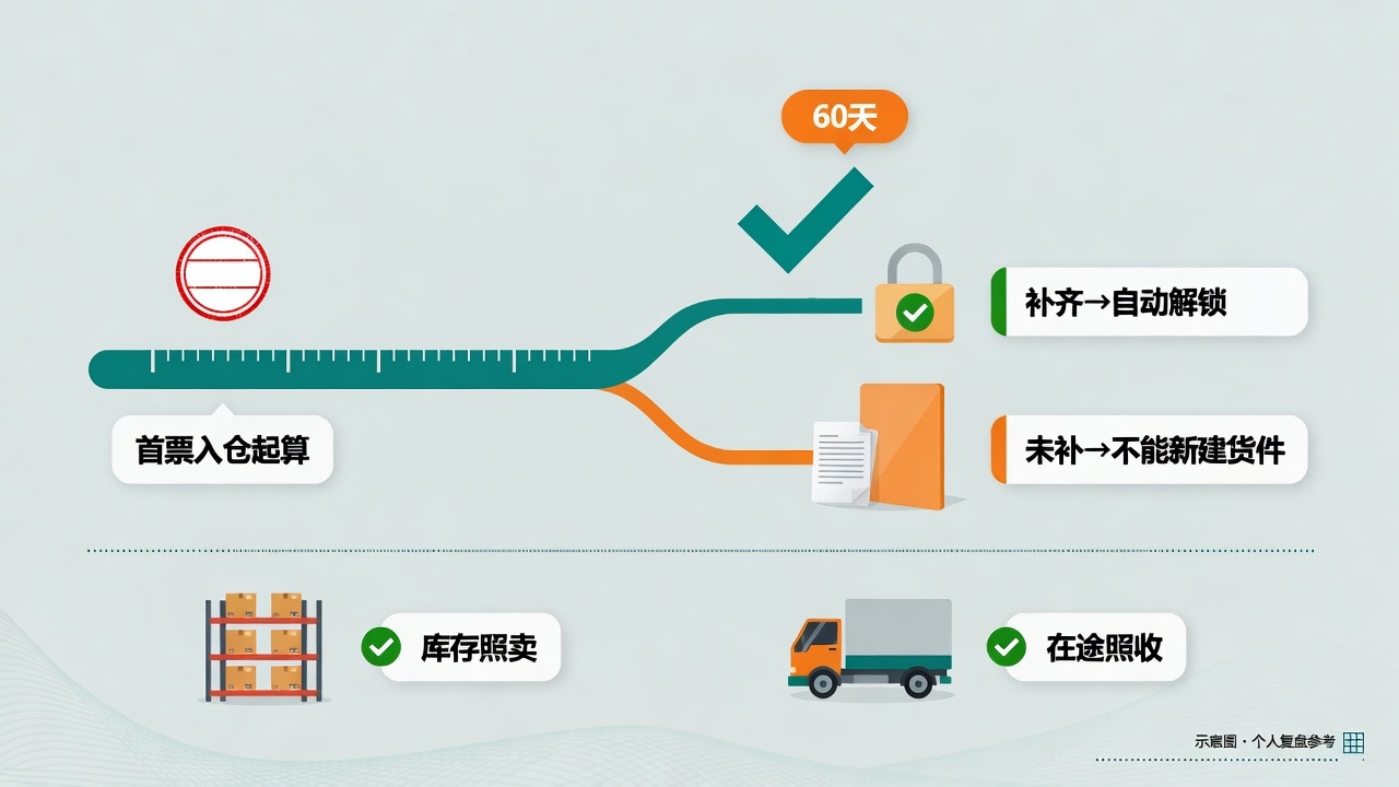 首票入仓起算 60 天:补齐自动解锁,未补不能新建货件;库存照卖、在途照收