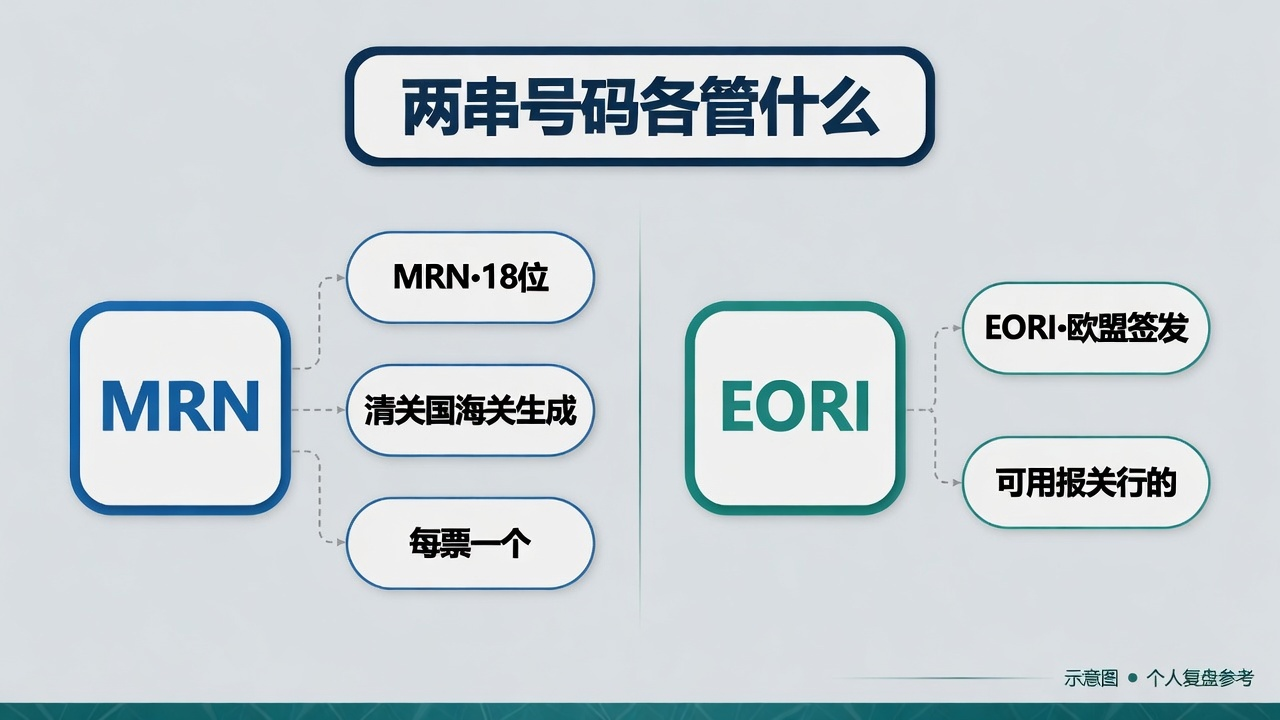 MRN 管这一票进口申报,EORI 管谁在进口:一个每票不同,一个常年不变