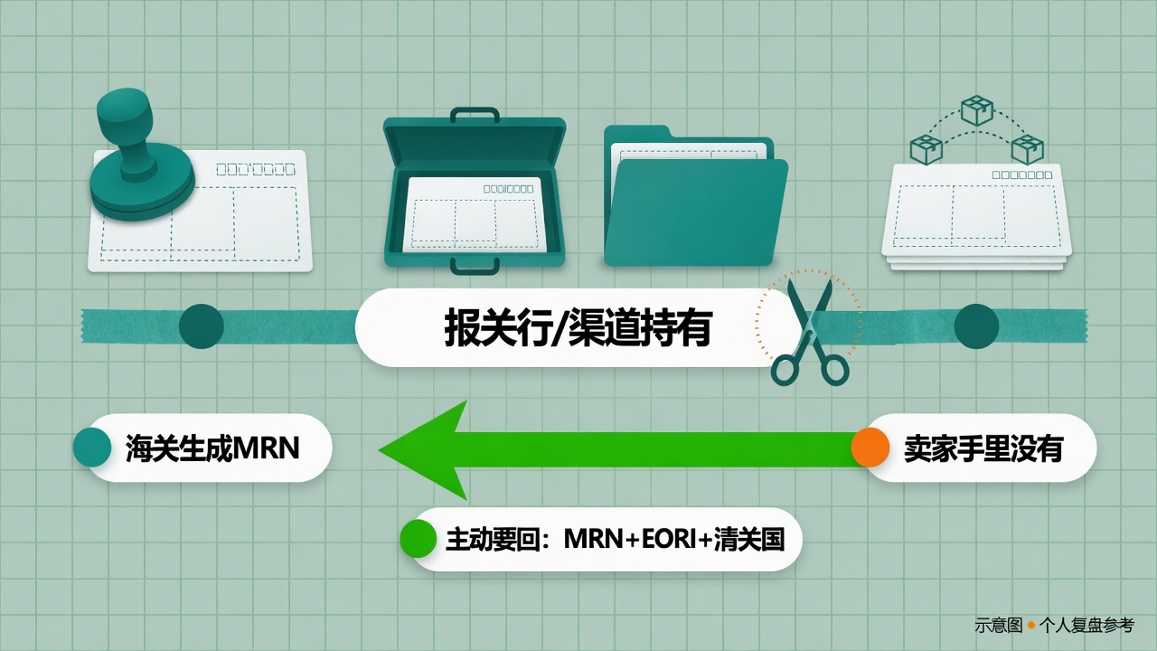 双清链条上,MRN 由海关生成后停在渠道一环,卖家手里只有派送记录