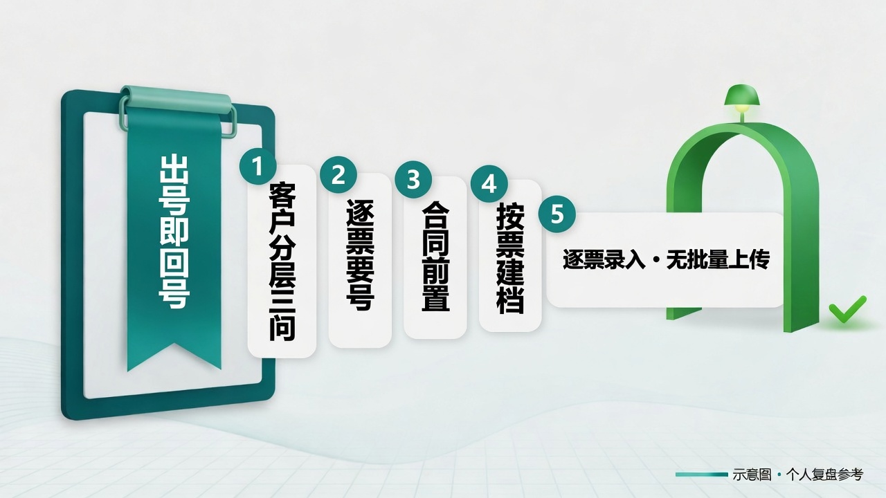 把「出号即回号」写进结单:分层三问、逐票要号、合同前置、按票建档、逐票录入