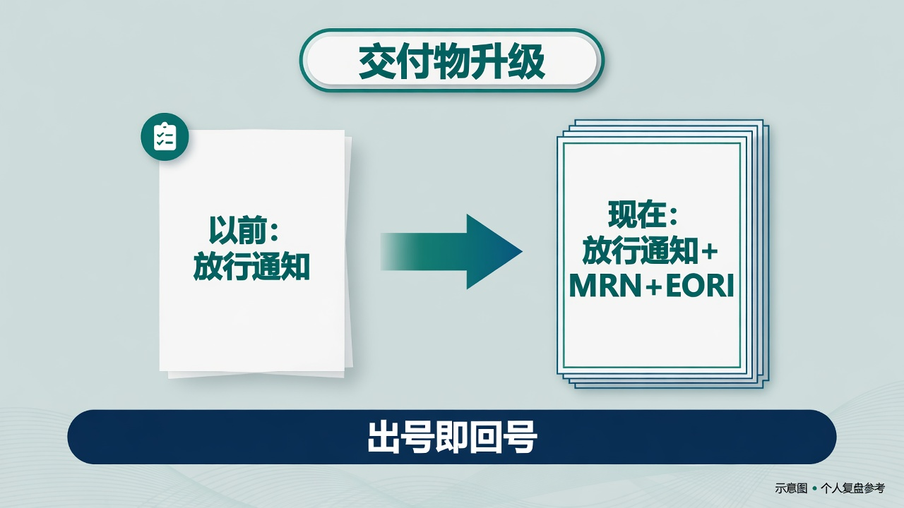 清关交付物升级:以前是放行通知,现在是放行通知加 MRN 和 EORI 两串号码