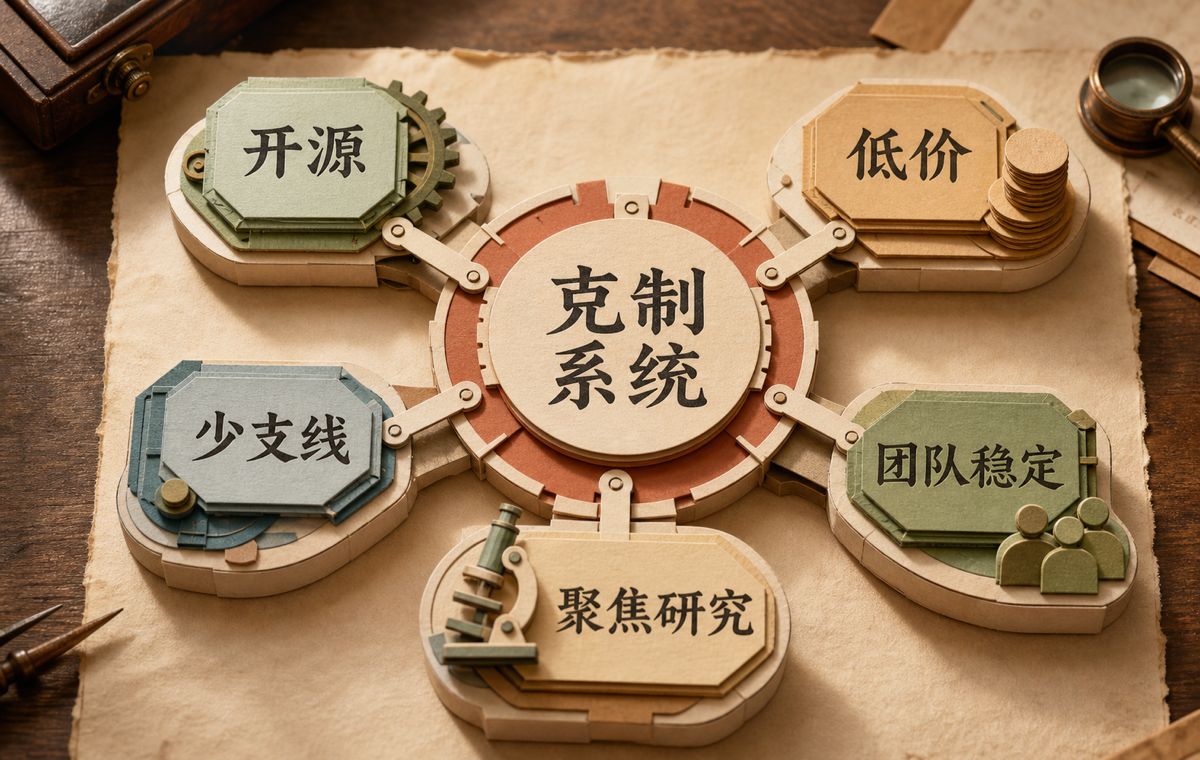 开源、低价、少支线、团队稳定与聚焦研究组成克制系统
