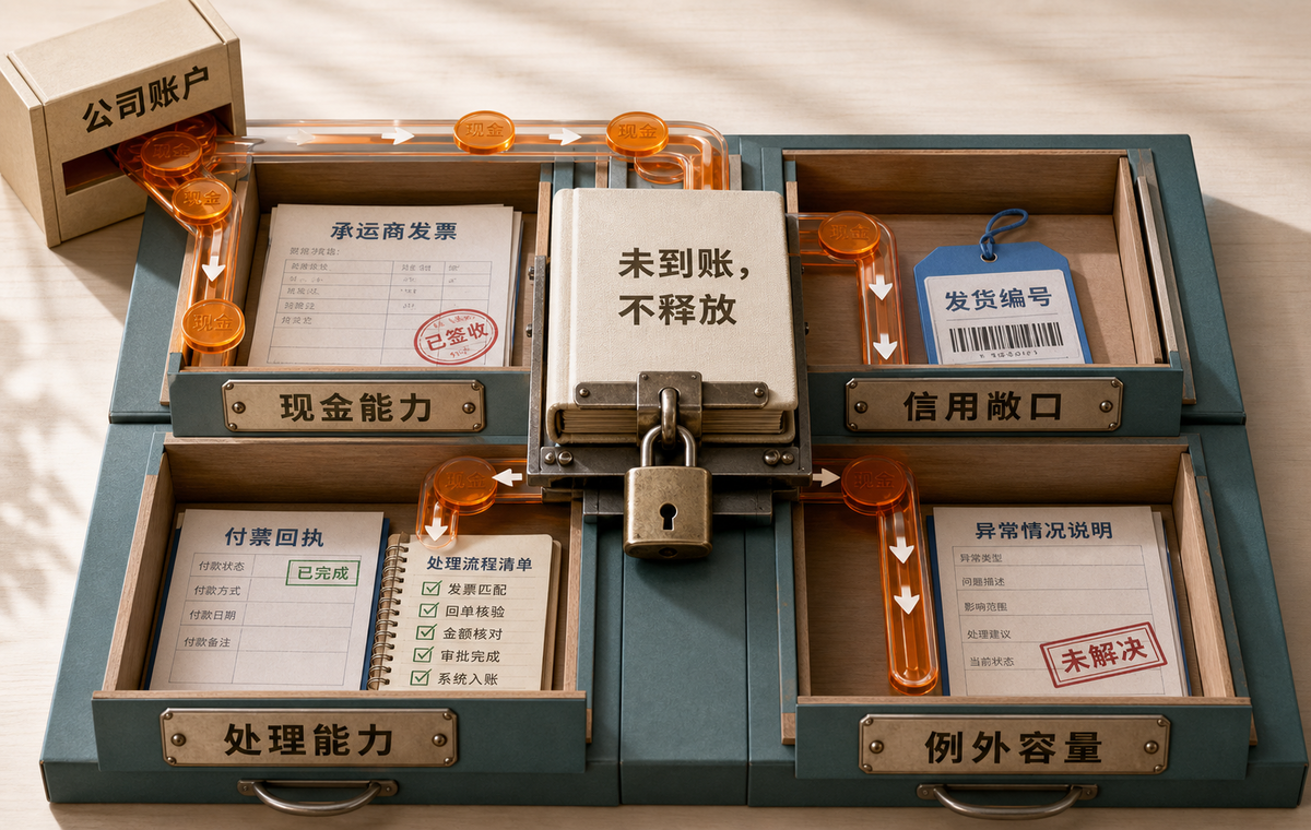 一笔垫资同时占用现金能力、信用敞口、处理能力和例外容量；未到账，不释放