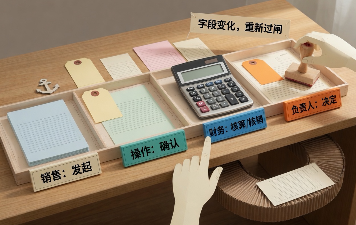 销售发起、操作确认、财务核算核销、负责人决定；字段变化后重新过闸
