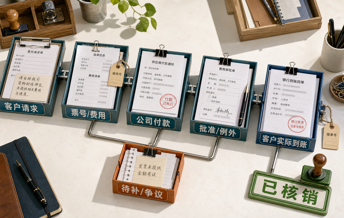 客户请求、票号费用、公司付款、批准例外和客户实际到账必须在同一证据链上对应