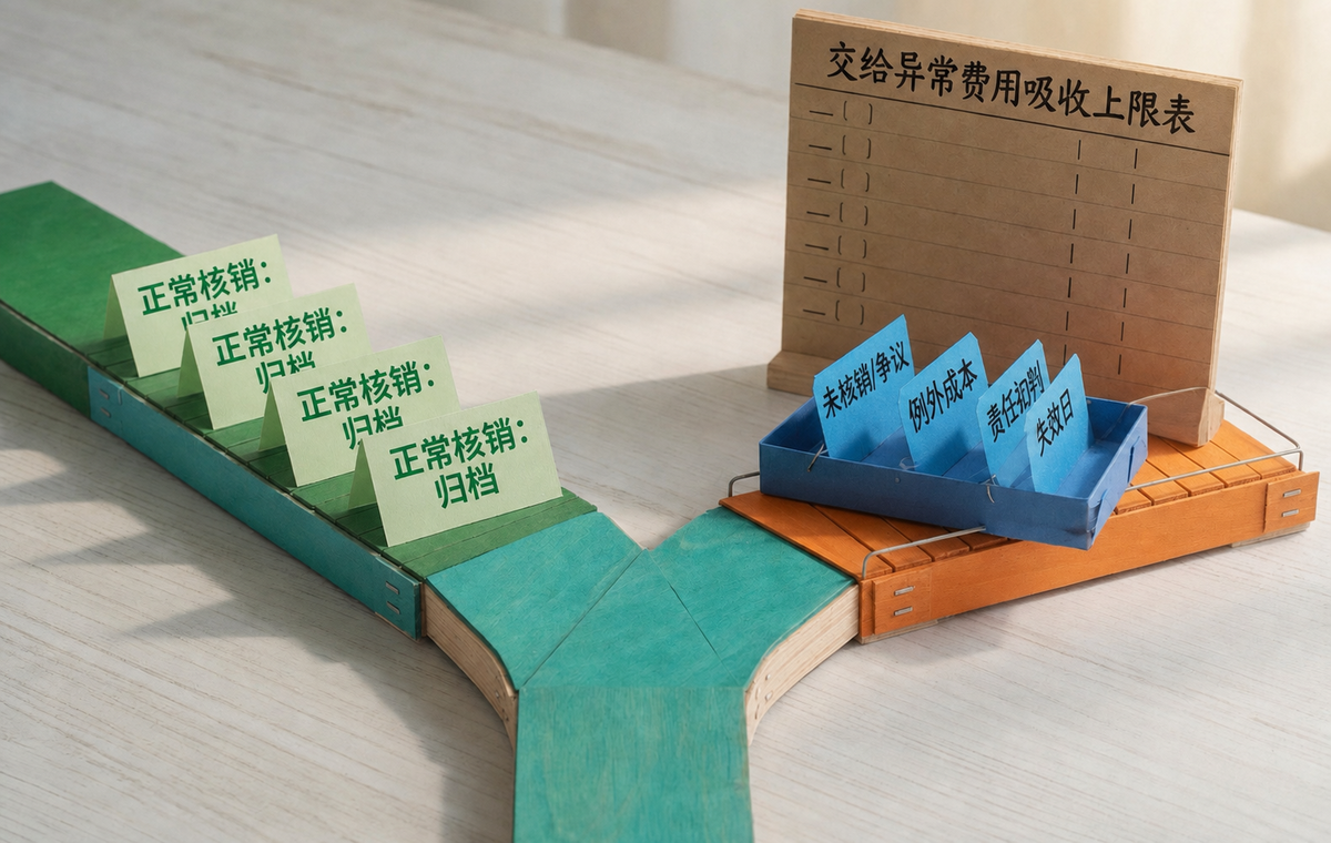 正常核销进入归档；未核销、争议和例外成本交给异常费用吸收上限表继续判断