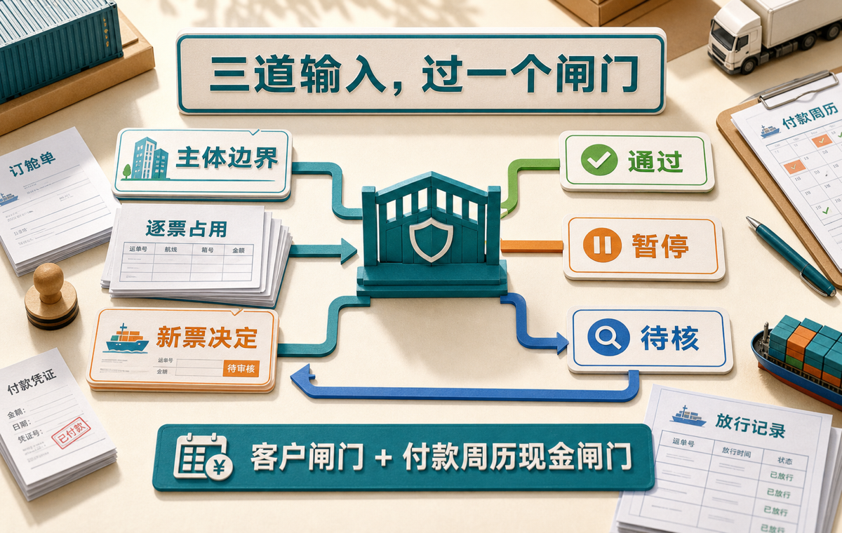 客户信用敞口卡把主体边界、逐票占用和新票决定送入同一个通过、暂停或待核闸门
