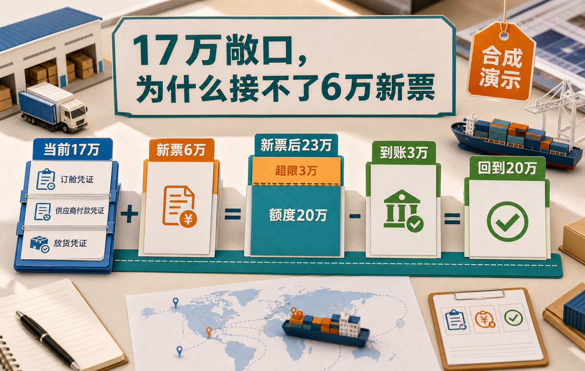 合成算例：当前17万元加新票6万元后达到23万元，超过20万元额度3万元；银行实际到账3万元后才回到额度边界