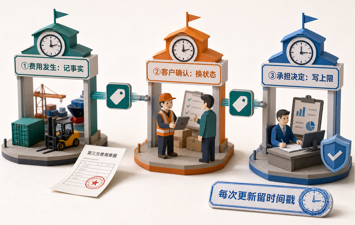 费用发生、客户确认和承担决定三个时点必须更新同一条异常费用记录