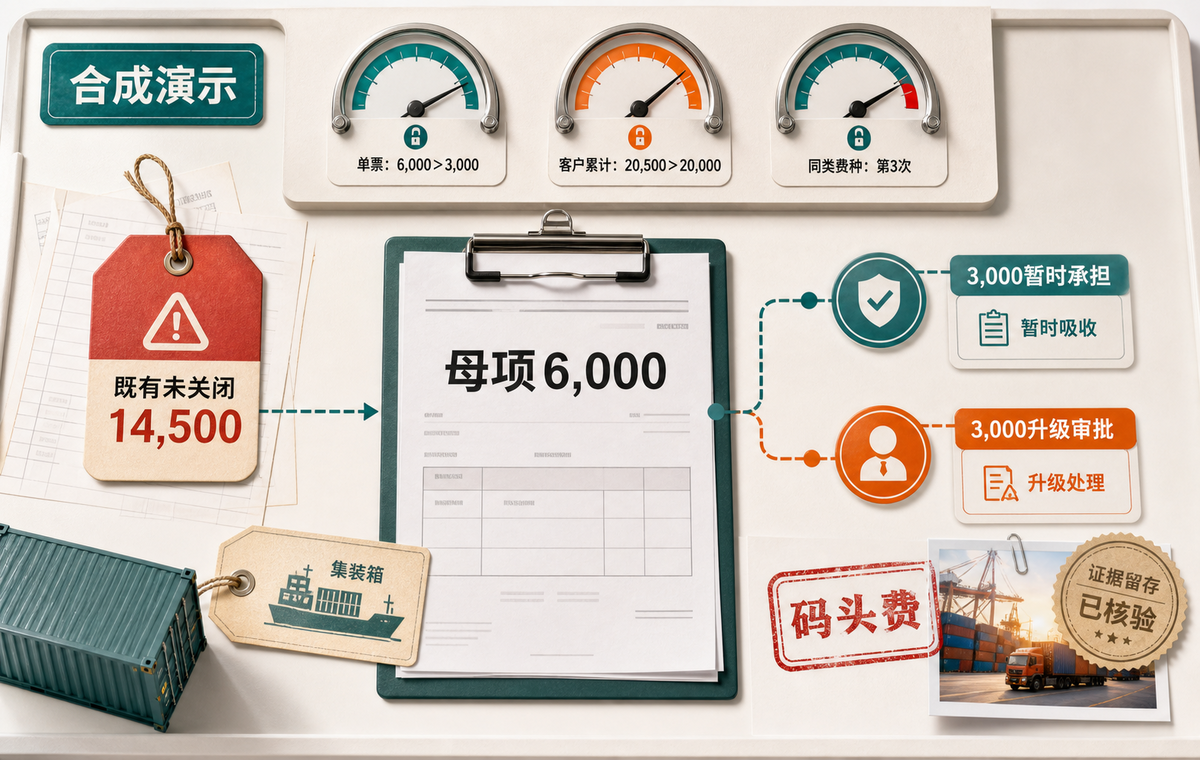 合成案例中母项6000元全部计入暴露,三层边界同时变色并拆成3000元暂时承担和3000元升级审批