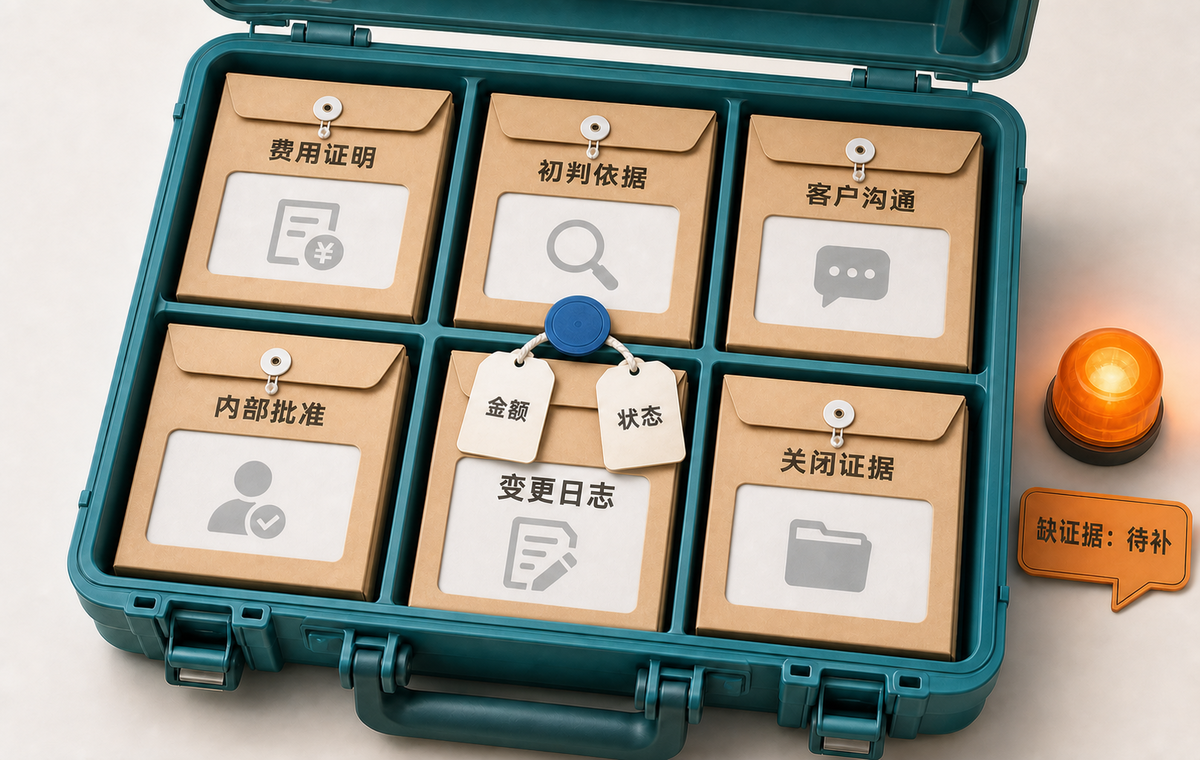 费用证明、初判依据、客户沟通、内部批准、变更日志和关闭证据必须与金额状态一起移动