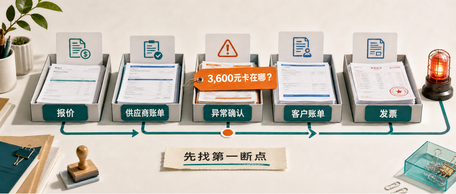 五张单据托盘中,3,600元差异停在异常确认,提示先找第一断点
