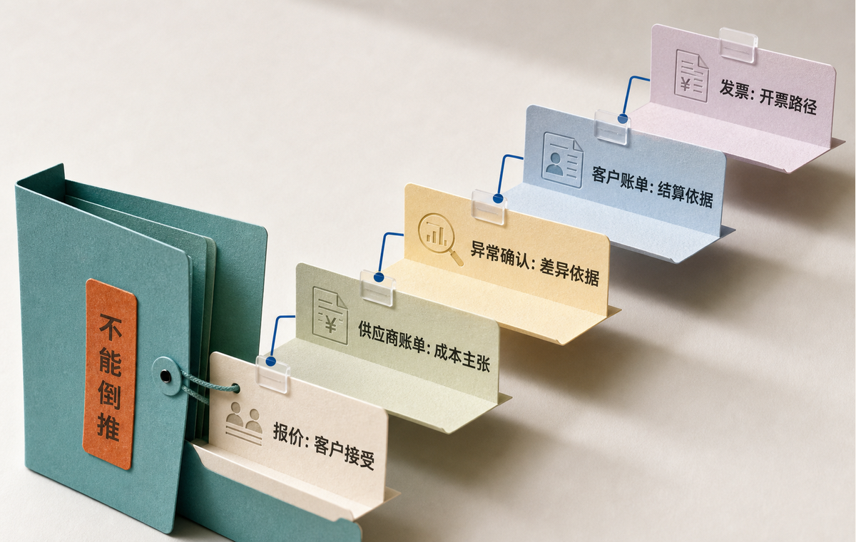 五层证据文件夹依次表示报价、供应商账单、异常确认、客户账单和发票