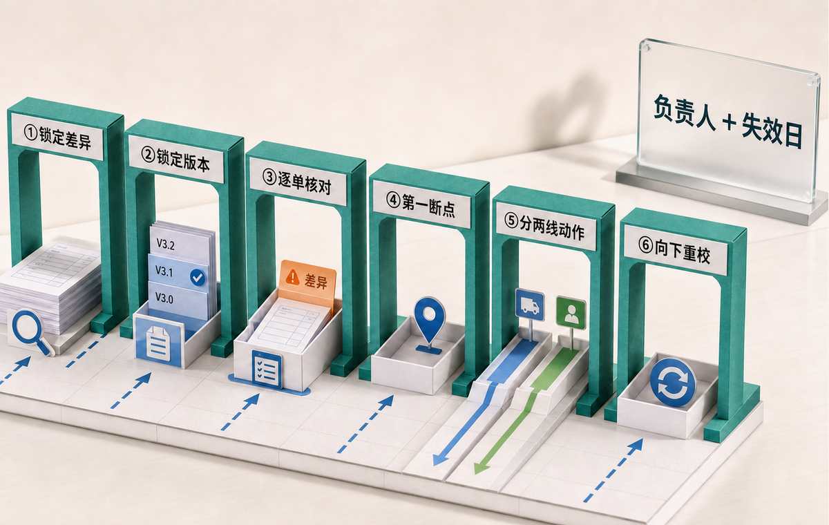 六道核验门依次完成差异锁定、版本锁定、逐单核对、断点定位、分线动作和下游重校