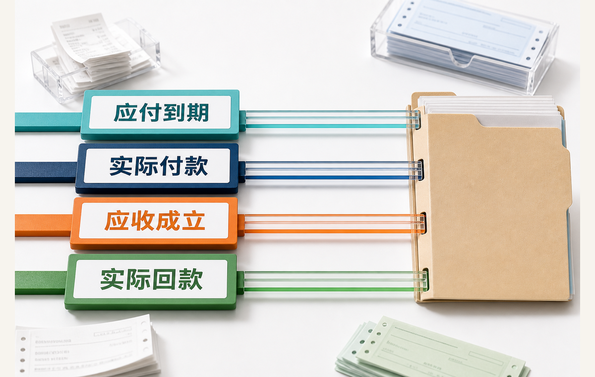 图中四轨对应应付到期、实际付款、应收成立、实际回款；应收成立与预计回款需在表中拆行记录