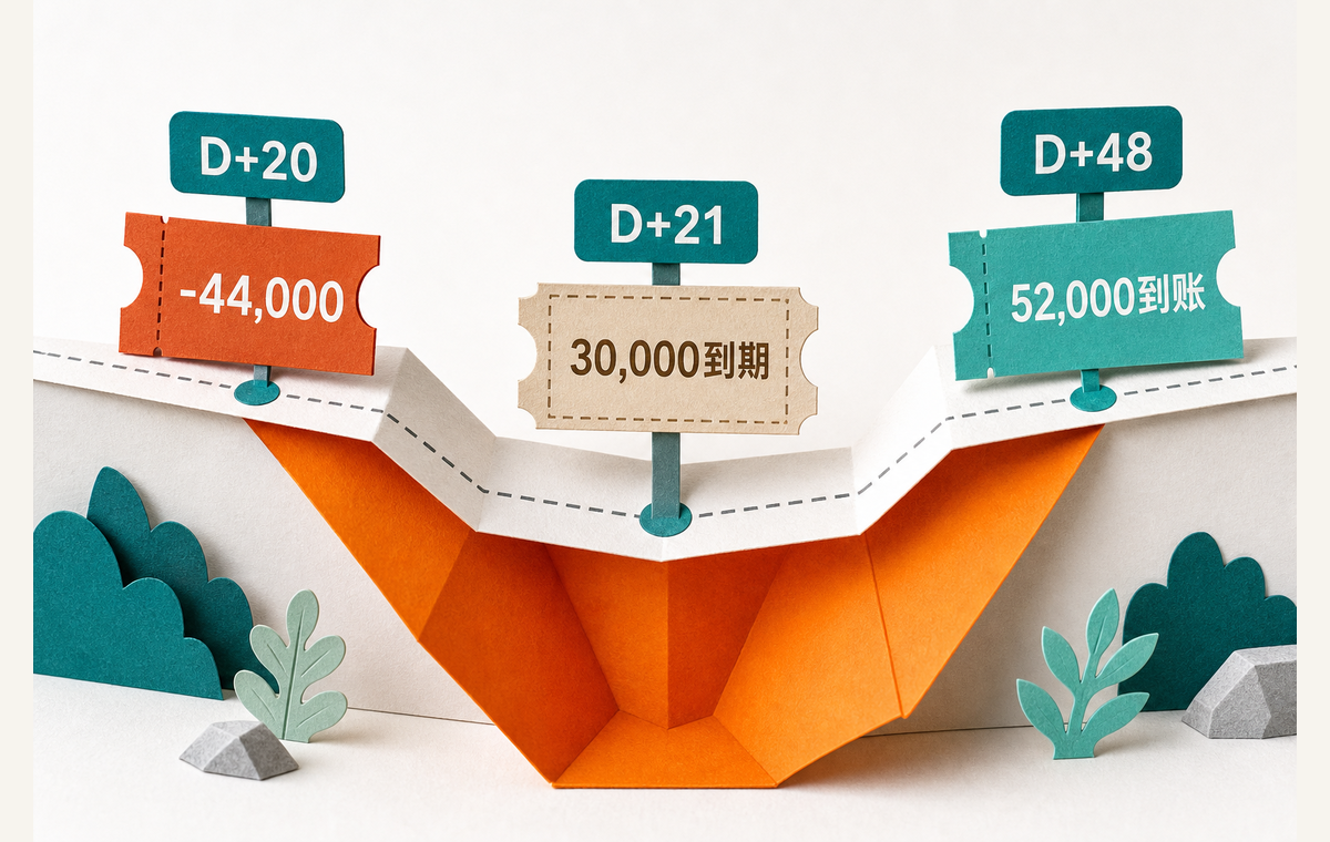 合成 A 票的三个关键节点：D+20 现金低点、D+21 下一票到期、D+48 本票到账