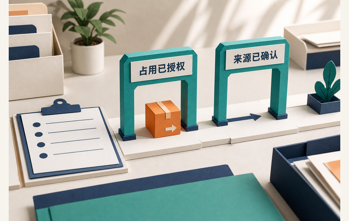 四线轴填完后依次通过两道闸门：占用已授权、来源已确认