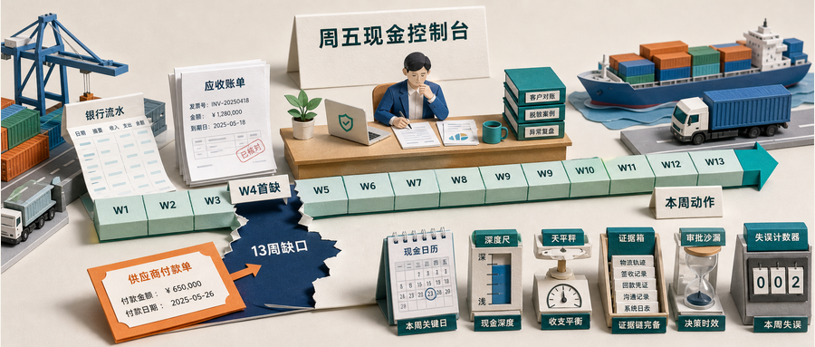 周五现金控制台把13周缺口、本周动作和六个指标放到同一张物流证据桌