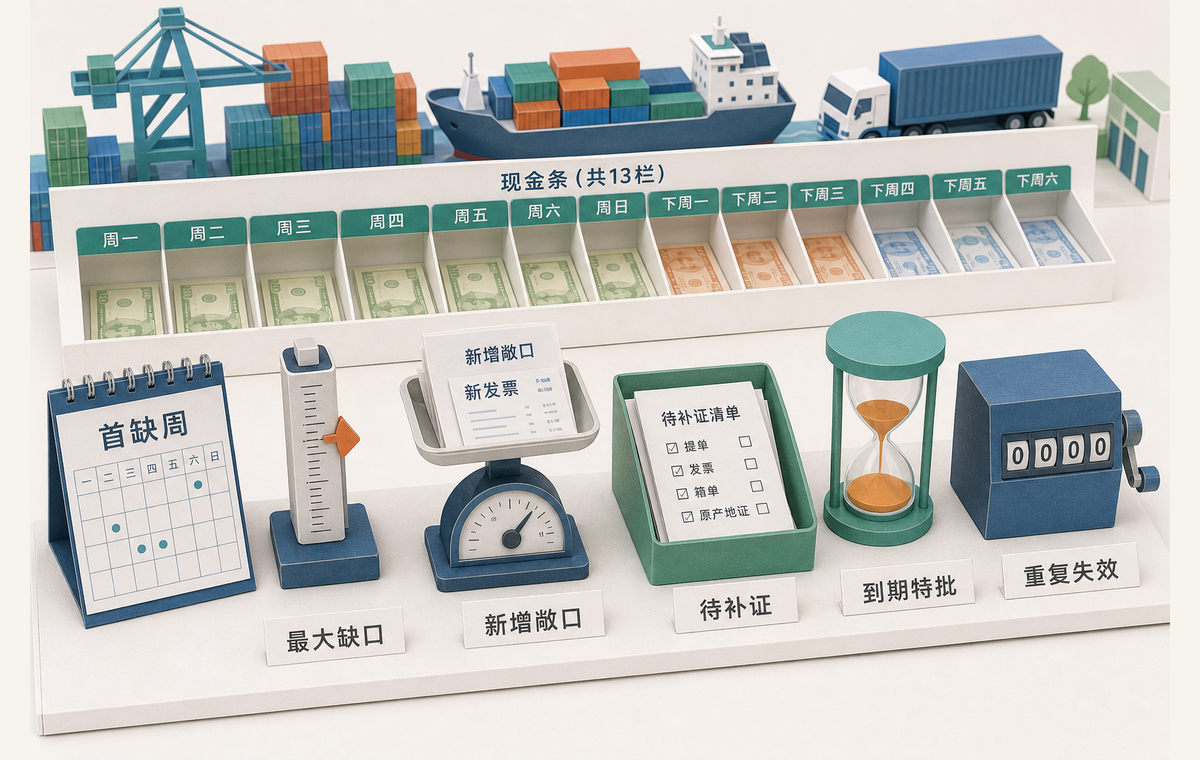 六种不同的实体量具分别代表首缺周、最大缺口、新增敞口、待补证、到期特批和重复失效