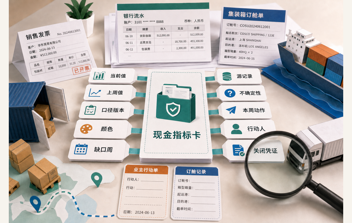 一张现金指标卡连接当前值、上周值、口径版本、源记录、行动人和关闭凭证等十个字段