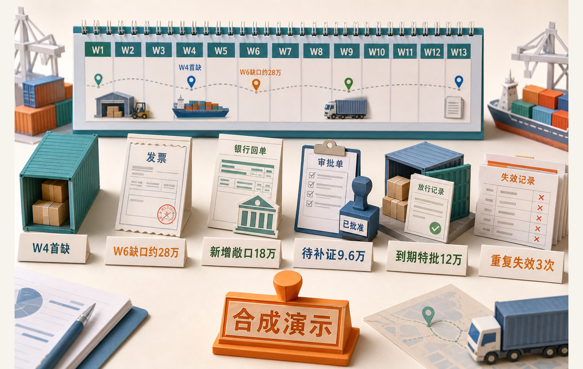 合成演示控制台展示W4首缺、W6缺口约28万及其余四项证据读数