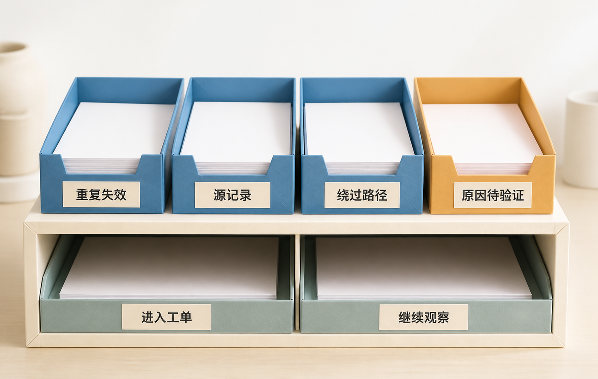 重复失效、源记录和绕过路径构成工单输入,原因可以保持待验证,证据不足则继续观察