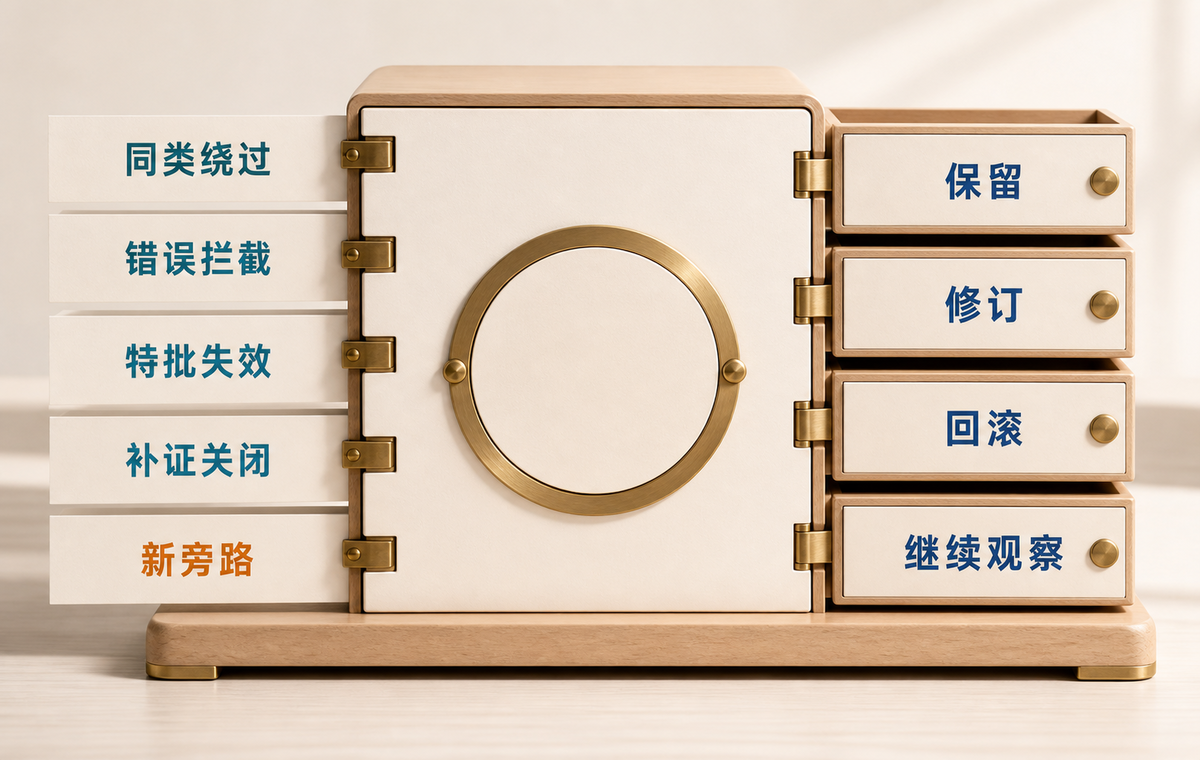五类复审记录进入同一个中性装置,并形成保留、修订、回滚或继续观察四种同权结论