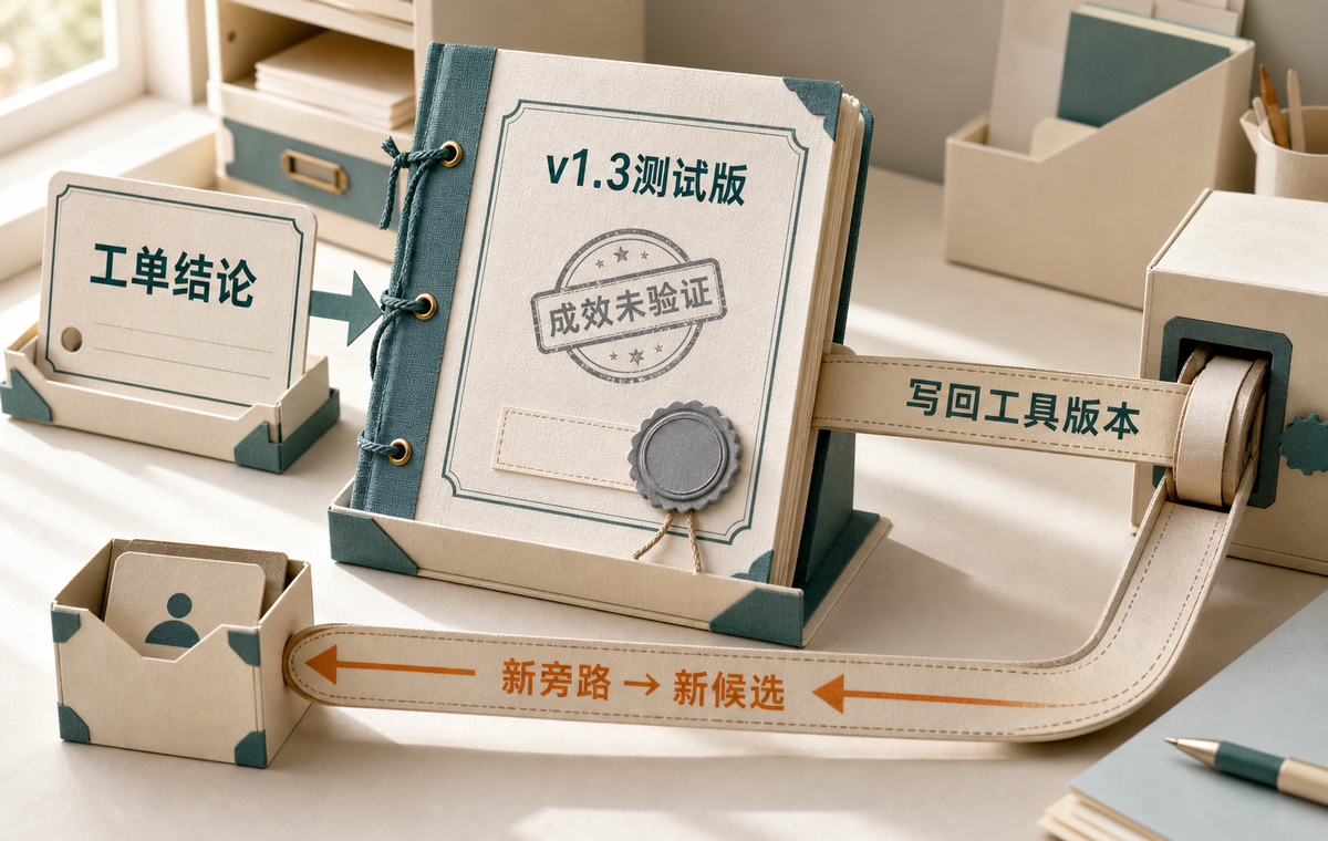 工单结论写回v1.3测试版并标记成效未验证,新旁路则返回形成新候选