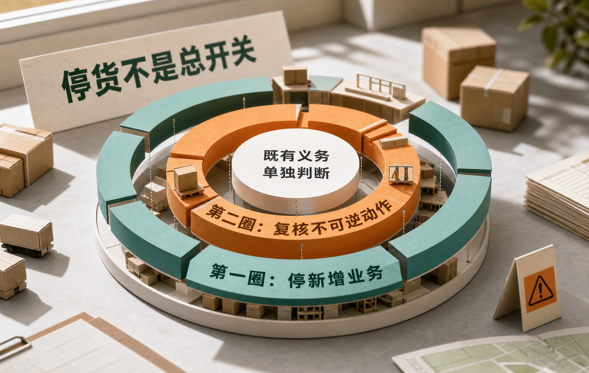 停新增业务与复核不可逆动作构成两层停货线