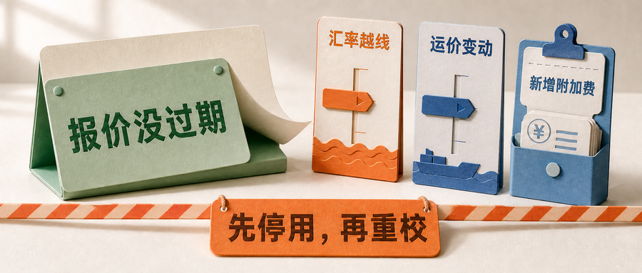 封面:日期仍在有效期内,但汇率、运价或附加费越线后,旧报价应先停用再重校