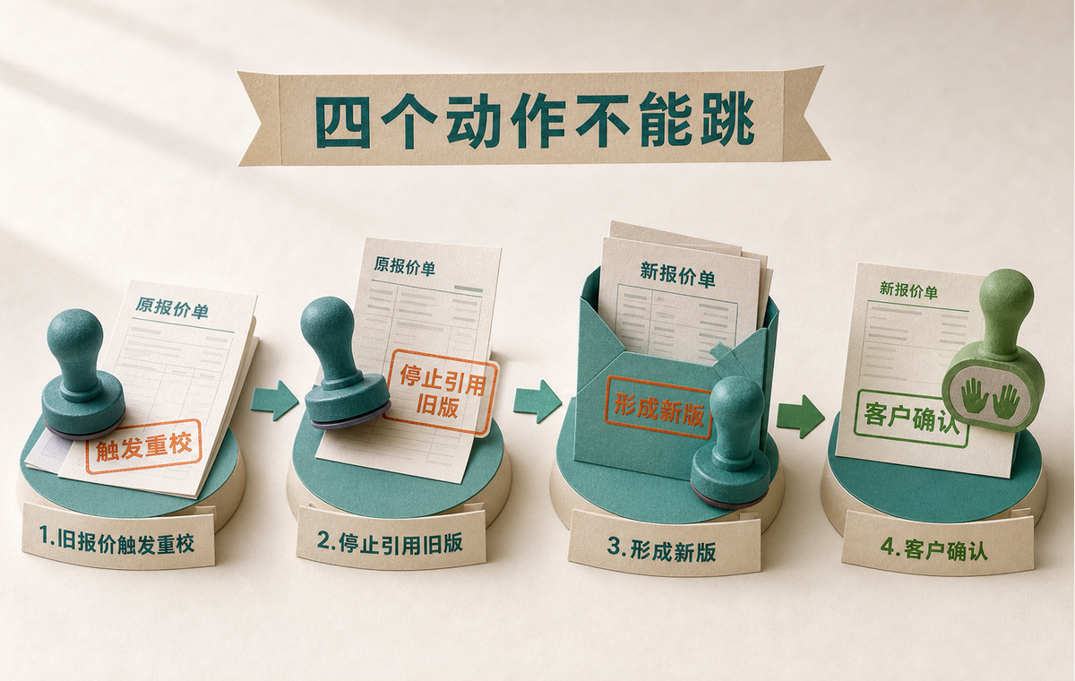 重报价必须依次完成触发重校、停止引用旧版、形成新版和客户确认