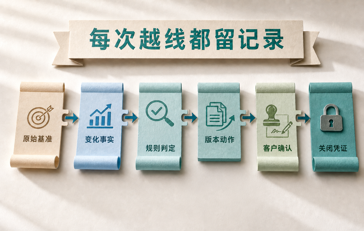 每次越线都沿证据链留下基准、事实、规则、版本、确认和关闭凭证
