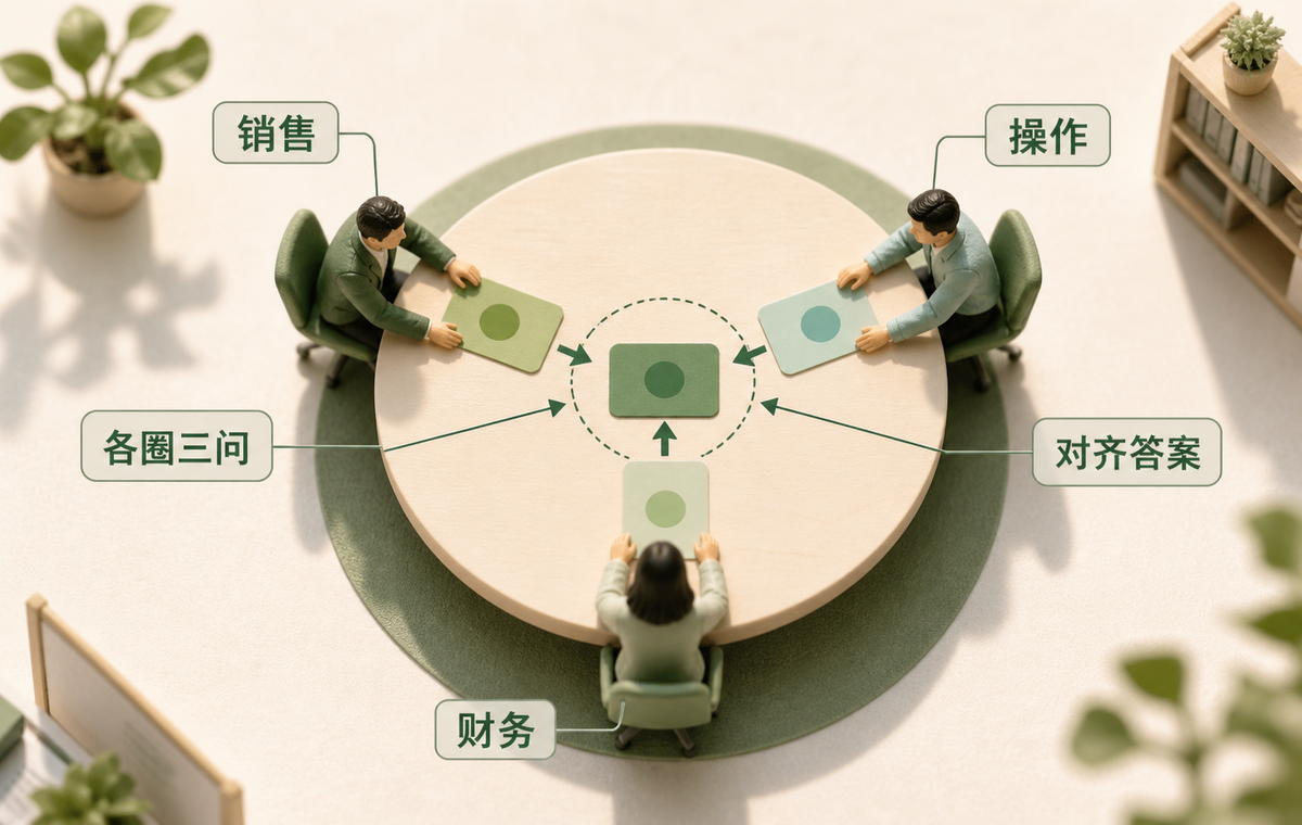 销售、操作、财务各圈三问，再对齐答案
