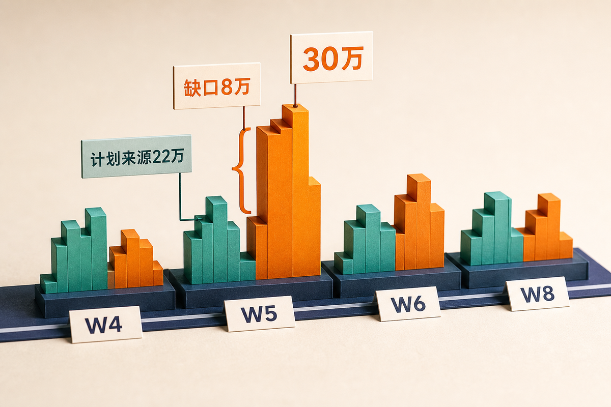 合成案例中W5形成30万元付款峰值，计划来源22万元，基础缺口8万元
