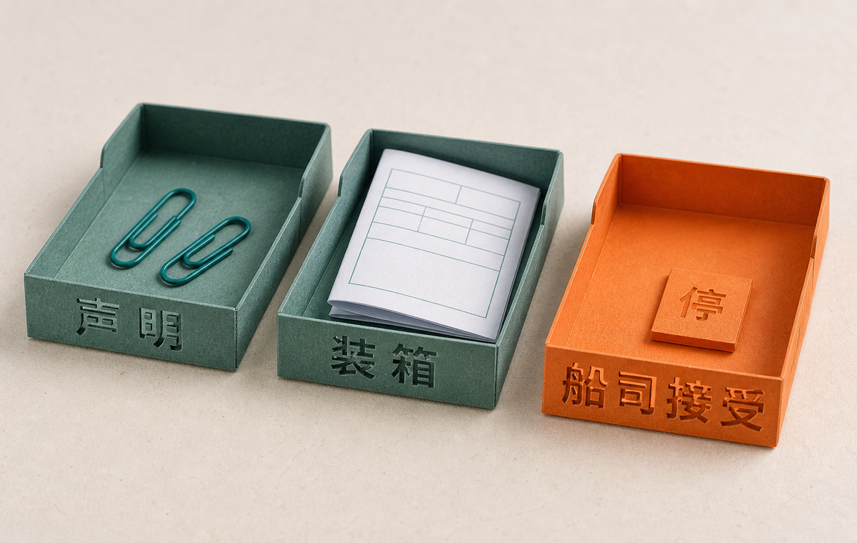 三只纸盘：声明、装箱、船司接受