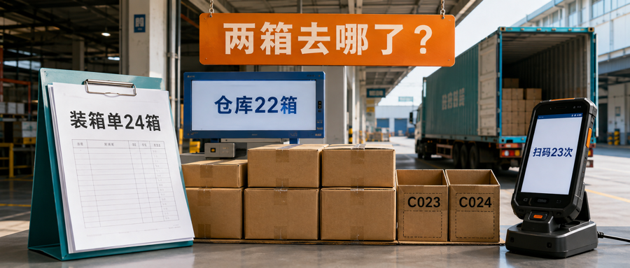 两箱去哪了？装箱单24箱、仓库22箱、扫码23次；这里的23是事件数，不是箱数