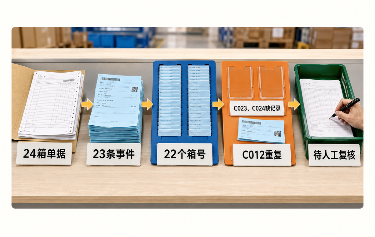 A01核验链：24箱单据、23条事件、22个唯一箱号，异常停在人工复核