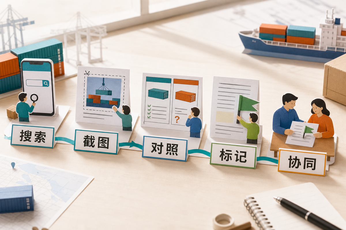客户视角检索按搜索、截图、对照、标记和协同五步推进