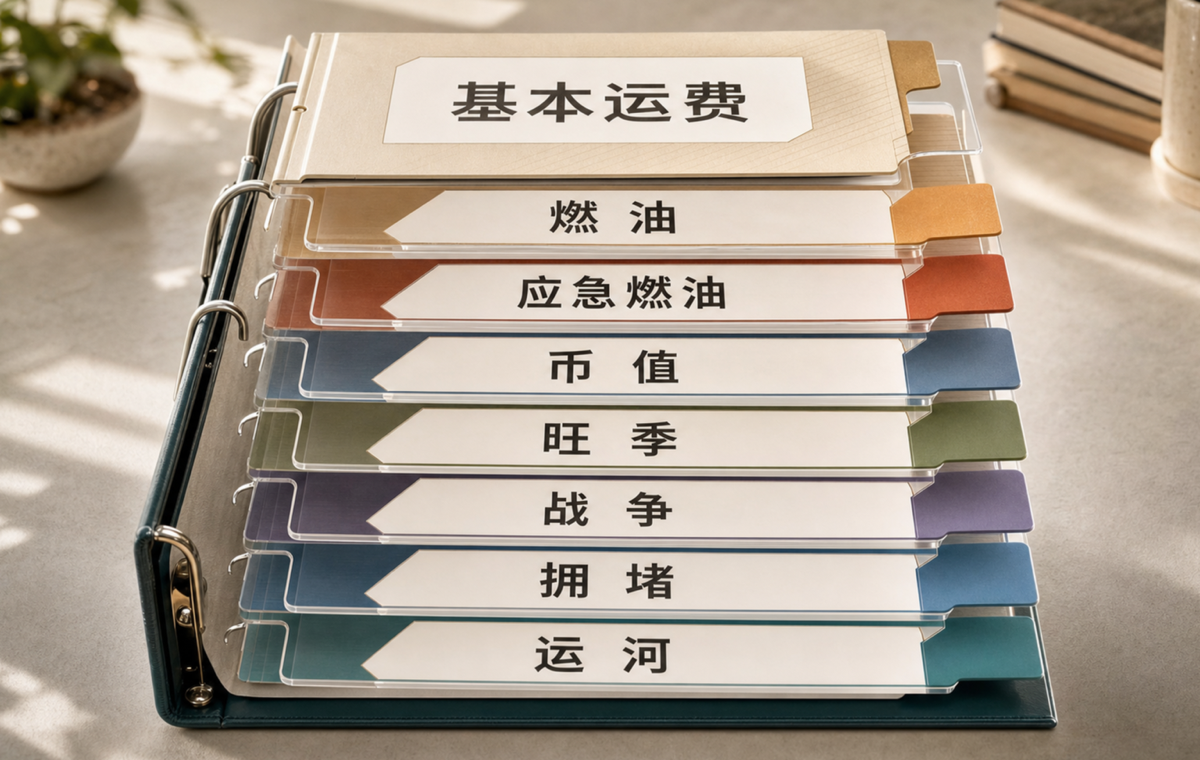 SCFI 分航线价由基本运费和七类附加费共同组成。