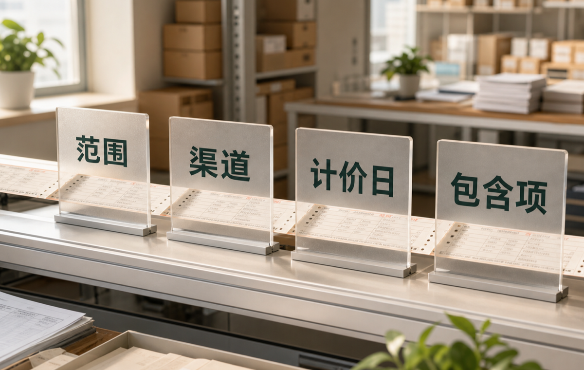 四道核价闸门:范围、渠道、计价日、包含项。