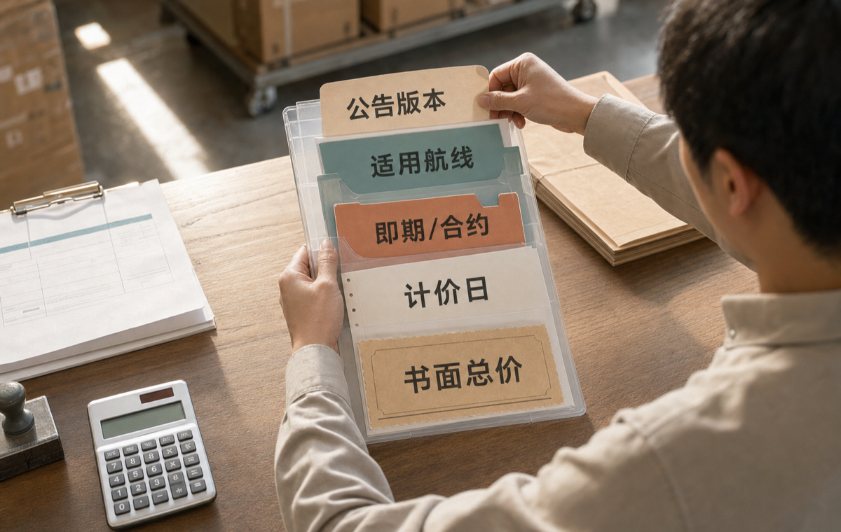 附加费核价卡把公告版本、适用范围和书面总价放在一起。